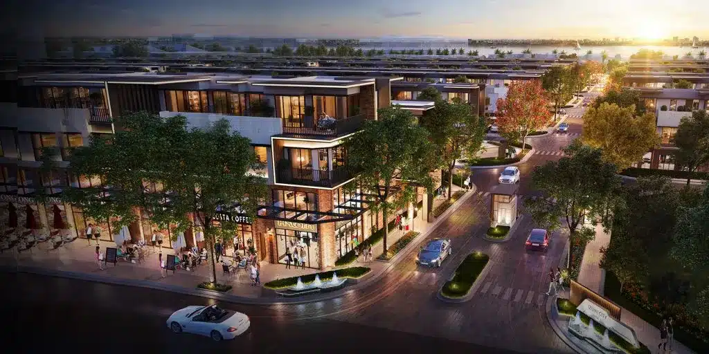 Phối cảnh ven sông tại khu đô thị Izumi City thể hiện lợi thế hạ tầng kết nối đường thủy